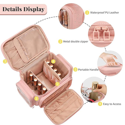 Large Makeup Bag, Portable Travel Makeup Bag Organizer for Women Girls with Makeup Brush Compartment & Two Side Pockets, Cosmetic Travel Bag Vertical Storage Toiletry - Pink