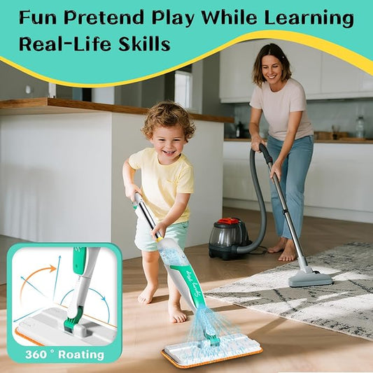 Kids Spray Mop Toy – Toddler Cleaning Set with Real Water Sprayer, Microfiber Mop Pads & Scraper – Pretend Play Montessori Cleaning Toys Gift for Preschool Toddlers Kids Boys and Girls