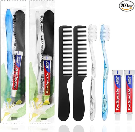 200 Pack Disposable Toothbrushes with Toothpaste and Comb for Homeless Individually Wrapped,10g Travel Toothpaste,7inch Black Hair Comb