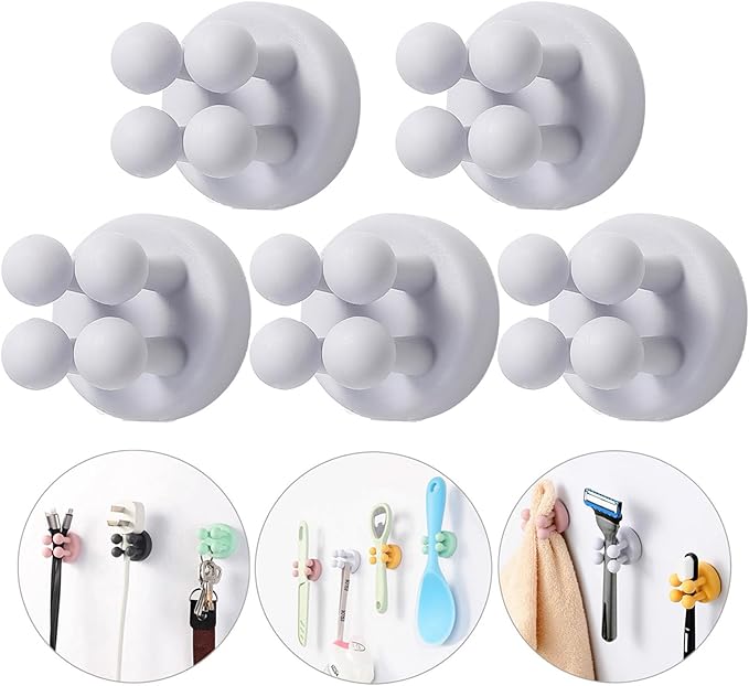 ZEZHOU Tooth Brush Holders for Bathroom - 5Pcs Silicone Toothbrush Razor Holder for Shower Wall Mounted Self Adhesive Cute Storage Hook for Kids Hanging Loofah Towel for Kitchen Living Room Office