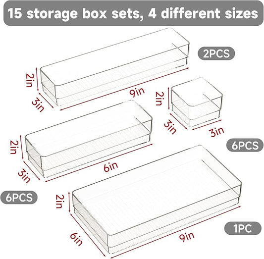 15 PCS Clear Plastic Drawer Organizer Set, 4 Sizes Acrylic Drawer Storage Trays Non Slip Storage Bins for Makeup, Jewelry, Gadgets for Kitchen, Bedroom, Bathroom, Office