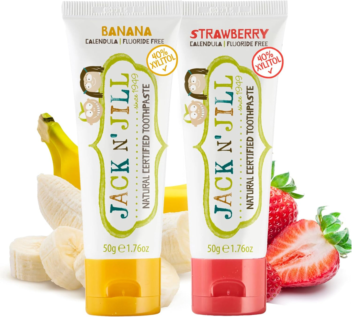 Jack N' Jill Natural Toddler Toothpaste - Fluoride Free Training Toothpaste for Toddlers 1-3, 40% Xylitol, BPA Free - Strawberry & Banana 1.76 oz (Pack of 2)