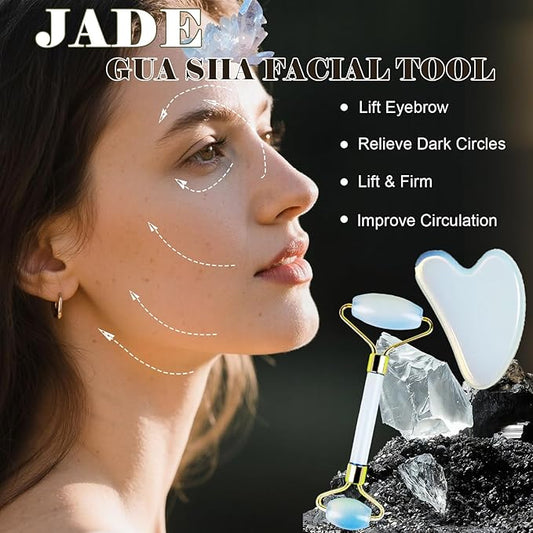 Jade roller and gua sha, facial roller, women's skincare tool, self-care gift, face, eye, neck massager, relieves fine lines and wrinkles, aventurine, opal, rose quartz