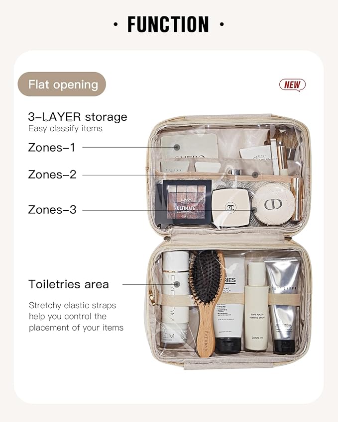 EACHY Toiletry Bag with Hanging Hook, Travel Makeup Bag PU Leather Cosmetic Bags for Women Make Up Organizer with 4 Compartments Waterproof Full-Size Portable Travel Essentials (Beige)