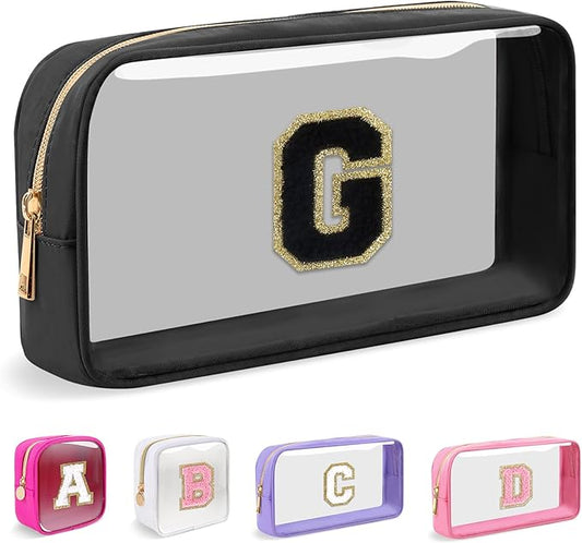Small Clear Personalized Initial Makeup Bag,Nylon Preppy A-Z Chenille Letter Patch Cosmetic Pouch Beach Toiletry Bag,Waterproof Zipper Travel Purse Storage Bag Organizer for Women Girls(Black-Black G)
