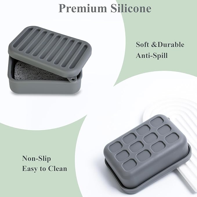 Portable Leakproof Travel Soap Case, Silicone Travel Soap Case, Compact Soap Holder with Drainage Layer, Travel Soap Holder for Camping, Gym, Outdoor (Deep-Gray)