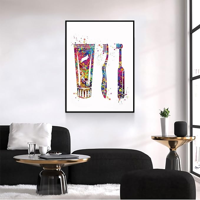 HFKSRJGW Medical Theme Decorations,Dental Care Tools Watercolor Print Tooth Medical Art Surgeon Dental Clinic Decor Gift Dental Dentist Dentistry Office Dental Hygienist,12"x16"Framed Wall Art