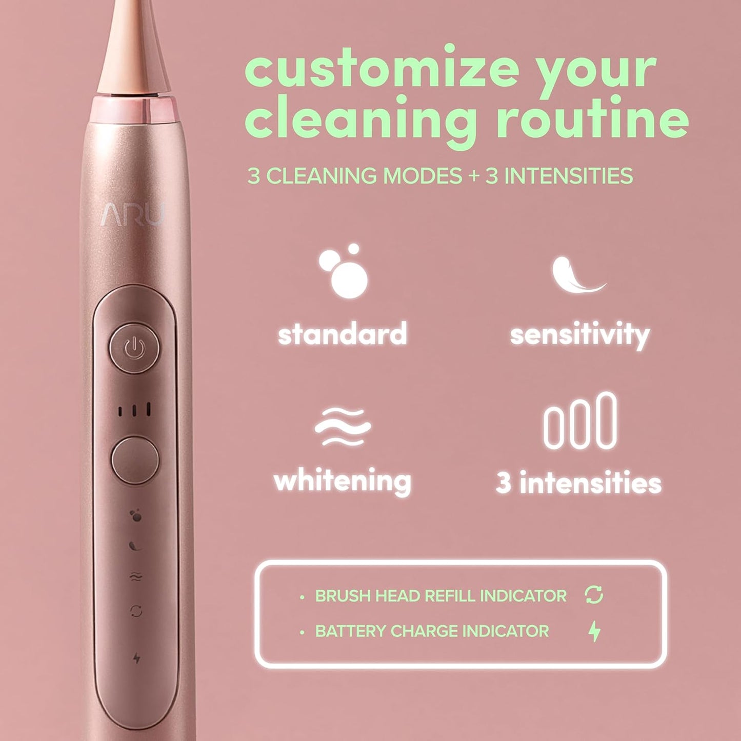 ARU Sonic Toothbrush Starter Kit with Customizable Modes and 2 Minute Timer, ADA-Approved Electric Toothbrush for Adults, Soft Toothbrush for Gums, 45+ Days Battery, Travel Case, Rose Pink