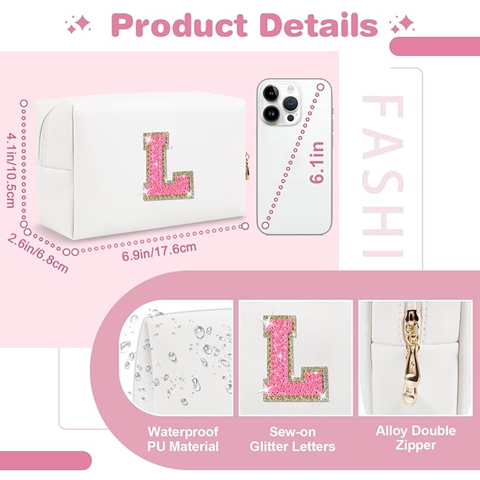 Small Personalized Initial A-Z Patch Makeup Bag,White Cute PU Leather Glitter Letter Cosmetic Bag for Teen Girls,Travel Toiletry Bag with Zipper,Preppy Monogrammed Birthday Gift for Daughter Niece L