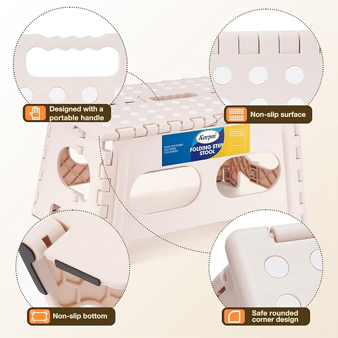 Korpai 9" Folding Step Stool for Adults and Kids 15-Inch Extra Wide Stool Holds Up to 300 lbs,Non-Slip Folding Stools with Handle,Compact Plastic Foldable Step Stool for Bathroom,Kitchen,ect Khaki