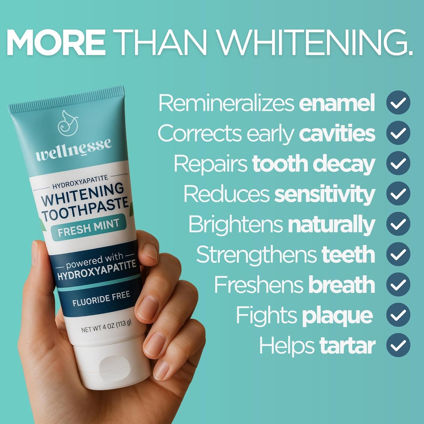 Wellnesse Whitening Hydroxyapatite Toothpaste with Xylitol, Natural Fluoride-Free Teeth Whitening Toothpaste for Adults, Strengthens Enamel, Supports Gum Health, Fresh Mint Flavor, 4 oz (Pack of 3)