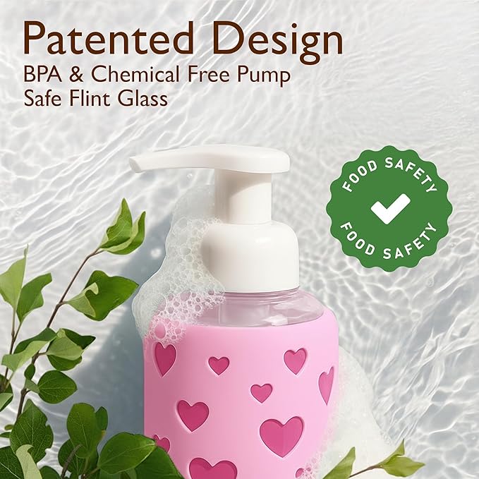 SoCal Suds & Company Glass Foaming Hand Soap Dispenser, Heart Silicone Sleeve, Refillable Pump Bottle for Kids, Baby Wash & Shampoo, Ideal for Home Use, Bright Pink 8oz
