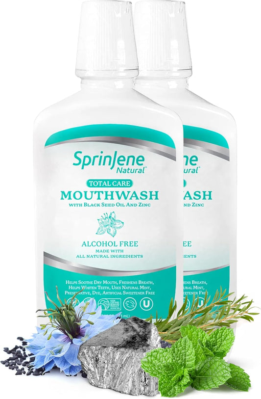 SprinJene Alcohol Free Mouthwash with Xylitol – Fluoride Free Natural Mouthwash for Dry Mouth, Whitening & Fresh Breath – Patented Black Seed Oil & Zinc Formula – Vegan & Made in The USA (2 Pack)
