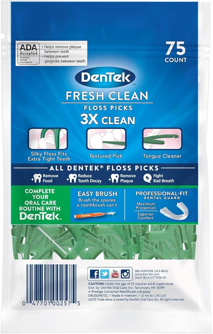 DenTek Fresh Clean Floss Picks, for Extra Tight Teeth, 75 Count, (Pack of 4)