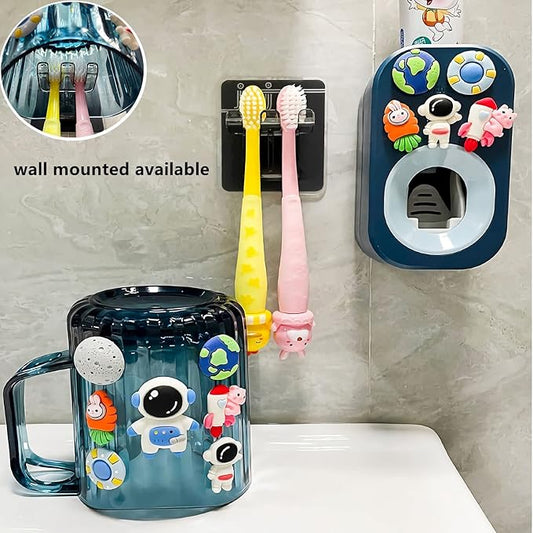 Automatic Toothpaste Dispenser & Toothpaste Holders and Wall Mounted Cup 3 Piece in a Set, is Wall Mounted for Bathroom,Toothpaste Squeezer for Kids & Family Shower by Mr. Thumbs(Navy Blue Set)