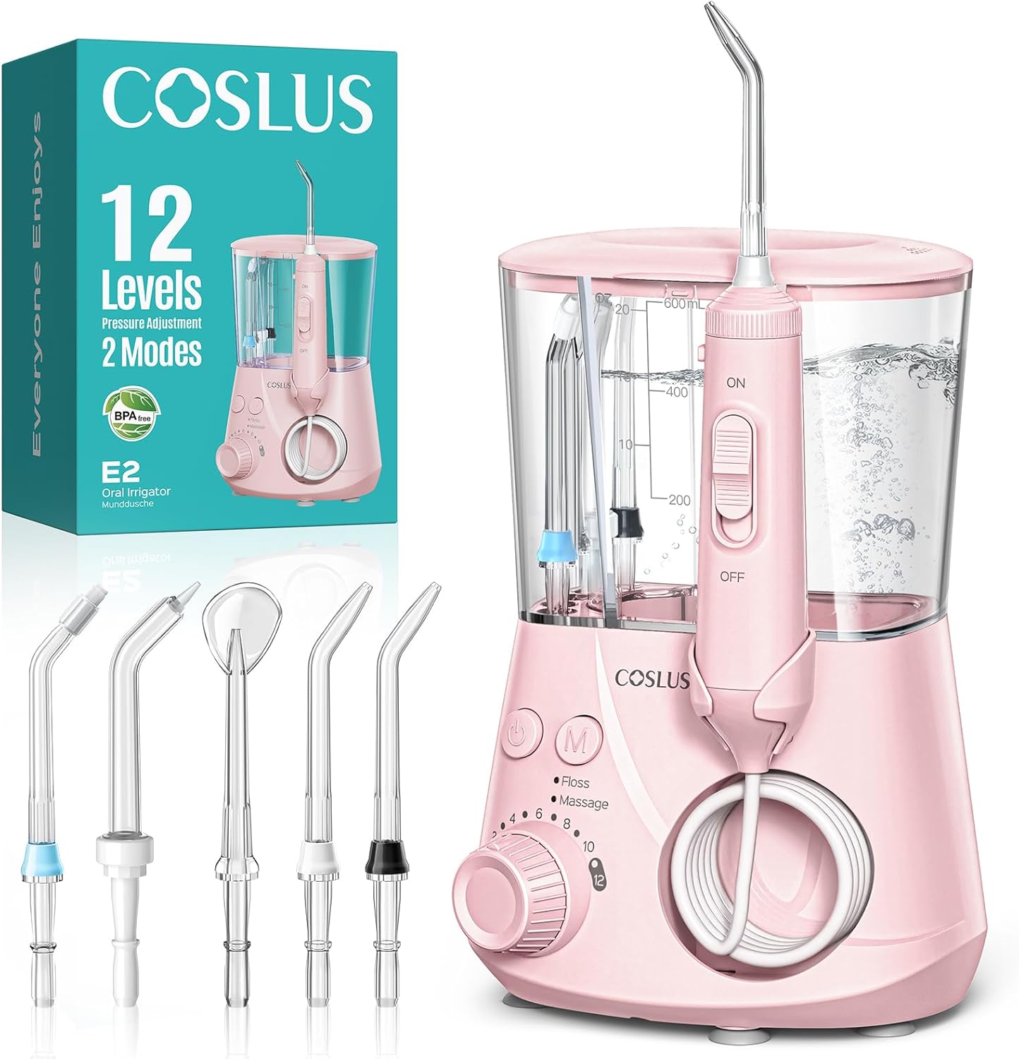 COSLUS Advanced Water Flosser for Teeth: 2 Modes & 12 Pressure Settings Electric Dental Pick for Orthodontic, Braces, Sensitive Gums - Home Use, 5 Jet Tips for Multiple Users, Family, Pink, E2