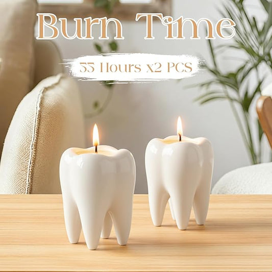 2 Pcs Ceramic Tooth Shaped Scented Candle Freesia Scent Aromatherapy Candle for Dentist 2.7 x 3.9 Inch Long-Lasting Natural Soy Wax for Dentist Clinic Desk Supplies Dental Gifts