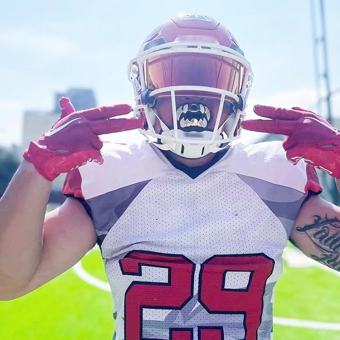 LeCool Football Mouth Guard with Connected Strap- 3D Beast Chrome Adult and Youth Mouth Guard-Mouth Piece for Sports for Maximum Air Flow and Teeth Protection