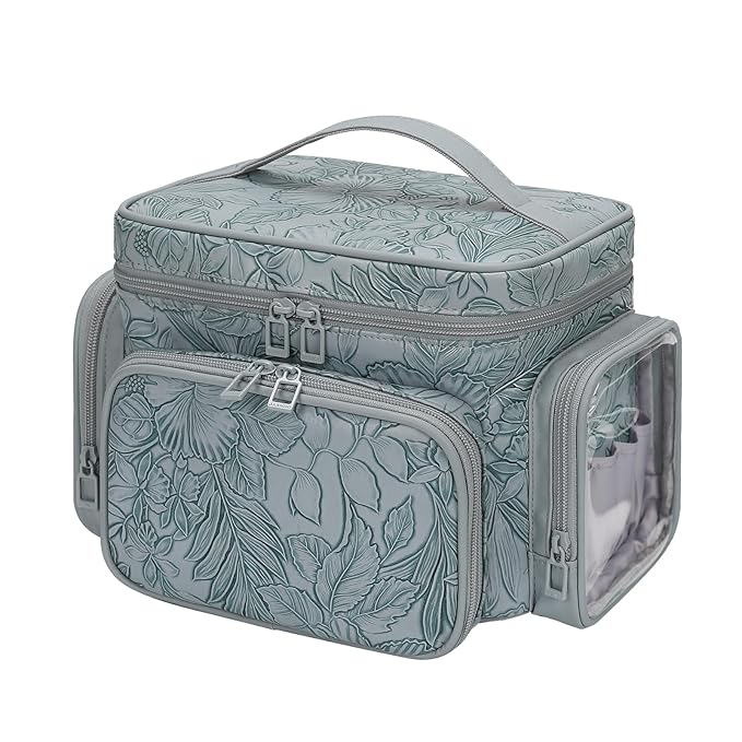 Large Makeup Bag, Portable Travel Makeup Bag Organizer for Women Girls with Makeup Brush Compartment & Two Side Pockets, Cosmetic Travel Bag Vertical Storage Toiletry - Floral Blue