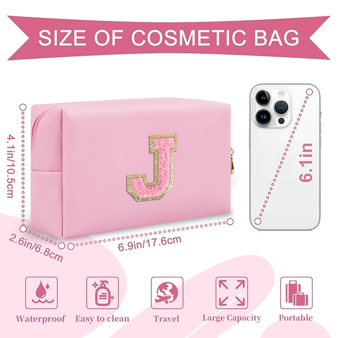 Personalized Initial A-Z Preppy Patch Makeup Bag,Small PU Leather Chenille Letter Cosmetic Bag with Zipper for Teen Girls,Pink Cute Travel Toiletry Bag,Birthday Monogrammed Gift for Daughter,Letter J