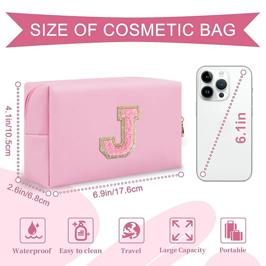 Personalized Initial A-Z Preppy Patch Makeup Bag,Small PU Leather Chenille Letter Cosmetic Bag with Zipper for Teen Girls,Pink Cute Travel Toiletry Bag,Birthday Monogrammed Gift for Daughter,Letter J