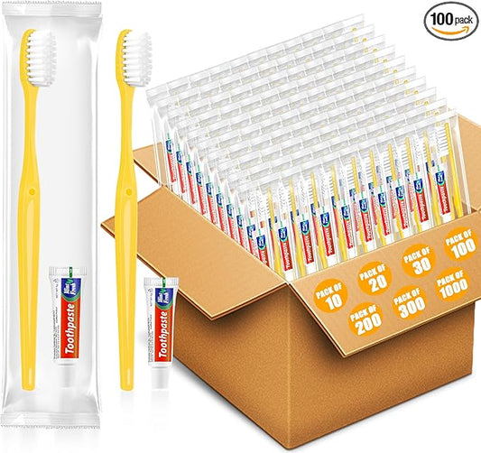 Disposable Toothbrushes with Toothpaste 100 Pack, Travel Size Toothbrush and Toothpaste Set, Bulk Tooth Brush Tooth Paste Kit, Individually Wrapped Travel Toiletries for Homeless, Hotel