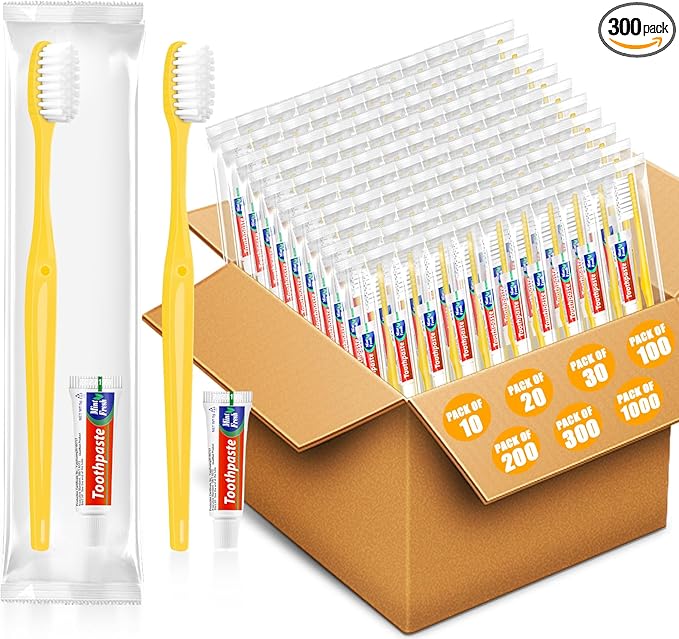 Disposable Toothbrushes with Toothpaste 300 Pack, Travel Size Toothbrush and Toothpaste Set, Bulk Tooth Brush Tooth Paste Kit, Individually Wrapped Travel Toiletries for Homeless, Hotel
