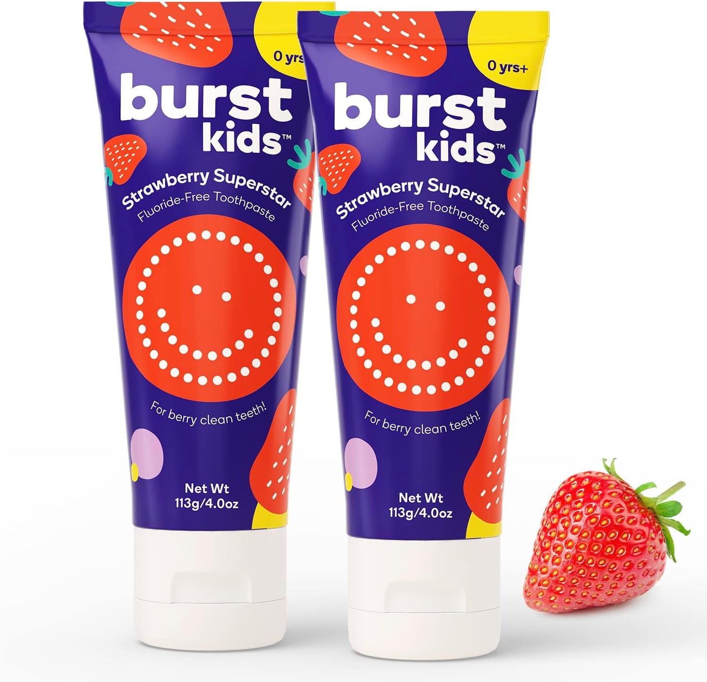 BURST Fluoride Free Strawberry Kids Toothpaste (4oz/2 Pack) | Great Tasting, Dye Free for Baby & Toddler Age 0+ | with Nano Hydroxyapatite