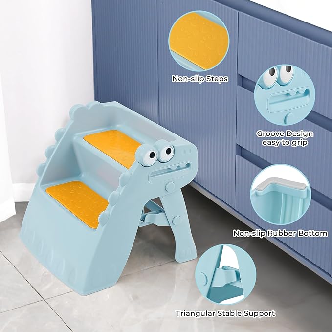 Onasti Toddler Step Stool Foldable Kids Step Stool,Bathroom Stool for Toddlers Non-Slip Toddler Step Stool for Bathroom Sink and Kitchen Counter with Cute Dinosaur Design(Blue)