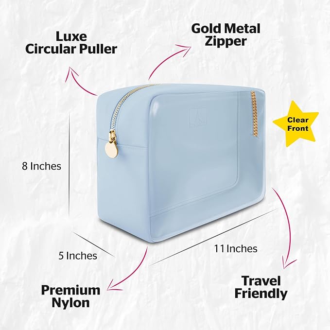 Large Clear Makeup Bag TSA-Approved Travel Cosmetic Pouch Spacious Transparent Toiletry Bag for Women and Girls Waterproof Clear Organizer Case Light Blue