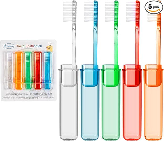 Travel Toothbrush - Folding Toothbrush, Transparent Foldable Handle, Soft Toothbrushes for Adults, Multicolor Pack of 5