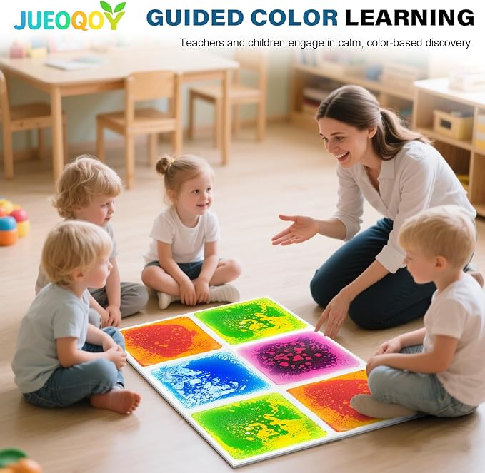 Liquid Sensory Floor Tiles for Kids Ages 3+, 12" Step-On Sensory Tiles with Non-Slip Base, Interactive Color-Flow, Assorted Colors, Classroom & Group Activity Set (9-Pack)