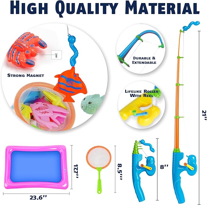 CozyBomB™ Magnetic Fishing Toys Game Set for Kids | Water Table Bathtub Kiddie Pool Party Pole Rod Net, Outdoor Plastic Floating Fish, Toddler Bath Color Ocean Sea Animals Birthday Gift Age 3-5 6 4-8