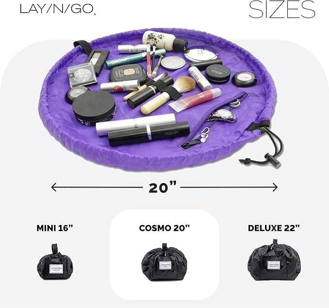 Lay-n-Go Cosmo Layflat Drawstring Cosmetic & Makeup Bag Organizer w/Zipper Pocket, Brush Loops & More, Cinch to Close, Lay Flat to Use, Durable, Machine Wash, Travel Toiletry Bag (20", Purple)