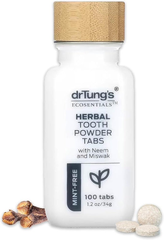 drTung's Herbal Toothpaste Tablets - Toothpaste Tabs for Dry Mouth Relief, Natural Tooth Powder Tablets for Fresh Breath, Fluoride Free, Travel Size, Vegan, Non-GMO - Mint-Free (100 Tabs)