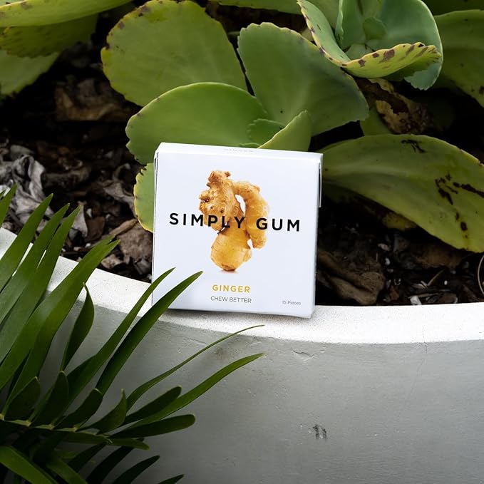 SIMPLY Gum Ginger, Plastic-Free Natural Chewing Gum, Made with real Ginger, 12 Pack (180 Pieces) | Vegan, Kosher, Non GMO, Aspartame Free and Sorbitol Free