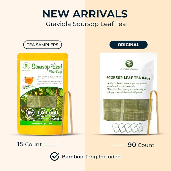 Soursop Graviola Leaf Tea Samplers - 15 Count, Bamboo Tong Included, No Sugar Added, No Caffeine, Re-Steep Morning Herbal Detox Tea for Relax & Refreshing, Hoja De Guanabana Mini Tea Bags