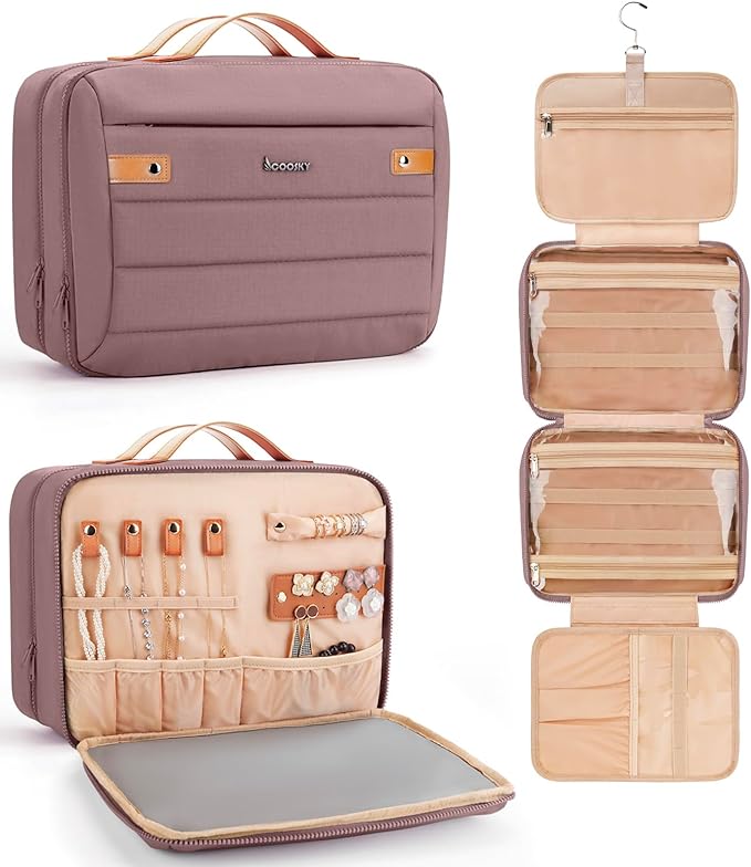 Women's Hanging Toiletry Bag, Waterproof Travel Cosmetic Organizer with Jewelry Storage, Large Capacity Makeup Case for Full-Size Skincare & Bathroom Essentials, Portable Cosmetic kit, Dark Purple