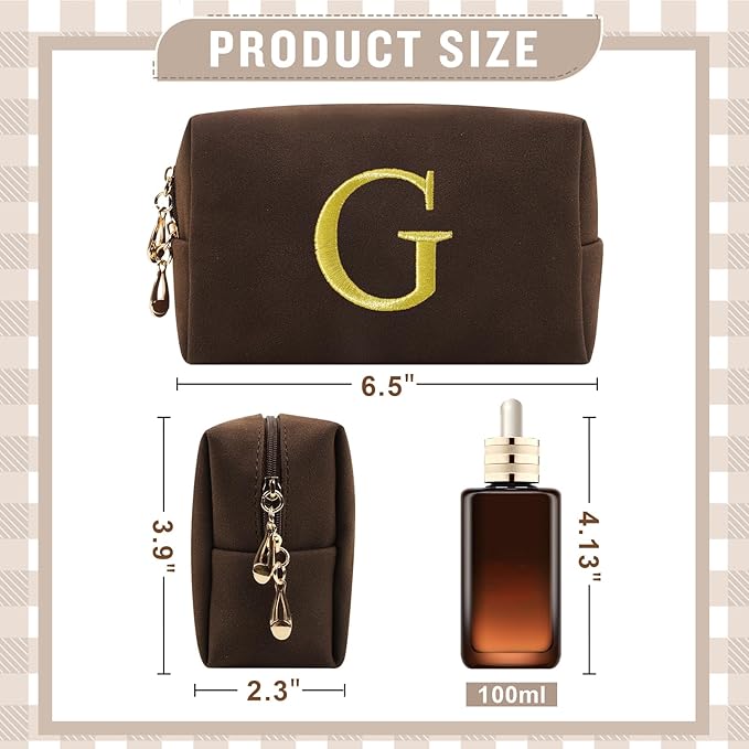Personalized Initial Makeup Bag,Preppy Suede Cosmetic Bag for Teen Girls,Small Monogram Travel Toiletry Bag With Gold Embroidered Letter,Trendy Stuff Custom Christmas Gift for Women(Coffee-G)