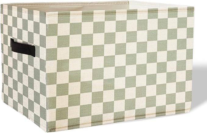 Sage Green Checkered Storage Basket Organizer Bins With Handles,Rectangular Organizing Decorative Storage Basket for Kids,Cute Aesthetic Checkered Room Decor for Bedroom Bathroom Classroom