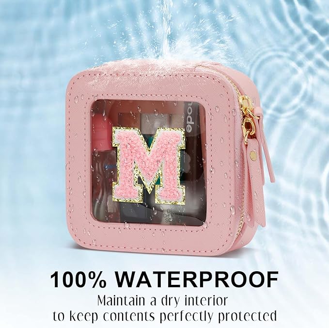 Christmas Gifts for Girls - Initial Clear Toiletry Bag, Small Cosmetic Bags for Girls with Zipper, Potable Mini Makeup Bag for Birthday, Graduation (Pink, M)