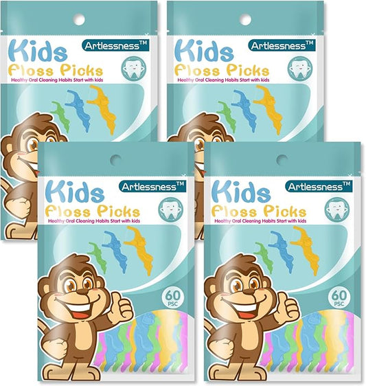 Floss Picks, Children's Floss Sticks, Fun Flossing Sticks for Kids，Fluoride Free, BPA Free, Odorless, 60 Sticks per Pack, 4 Packs = 240 Sticks