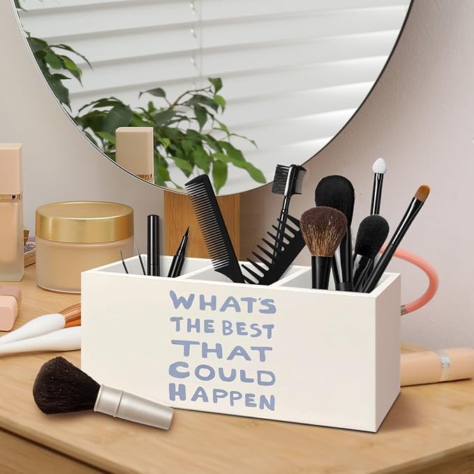 Daily Reminder Positive Affirmations Pen Pencil Holder for Desk, Preppy Light Blue What's the Best That Could Happen Wooden Box Decorative Sign for Home Office Desk Tabletop Decor