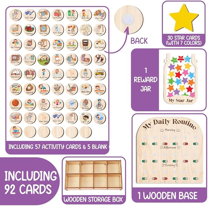Wooden Daily Routine Chart with Reward Jar, Toddler Reward System, Morning Bedtime Routine Chart, Toddler Charts for Behavior and Routines, Wooden Chore Chart for Kids