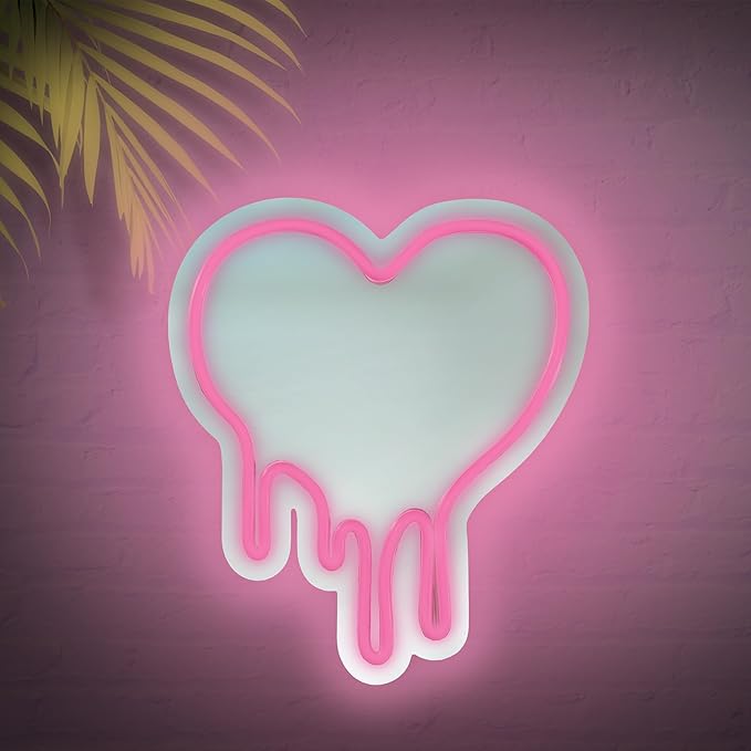 Pink Heart LED Light with Melting Design, Mirror Neon Sign for Bedroom Wall Decor, Light Pink Heart Wall Mirror, 12”x11” Neon Sign for Girls Room