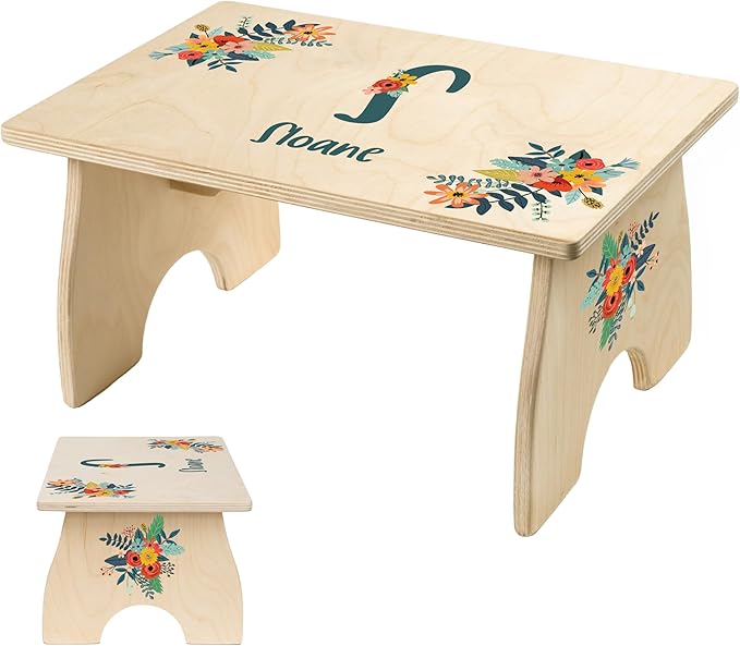 Floral Step Stool for Toddlers- Personalized Wood Kids Step Stool with Name for Kitchen Sink, Bathroom, Potty Training, Kitchen Sink- Sturdy and Safe- Made in USA by BloomOwl (Floral- Botanical)