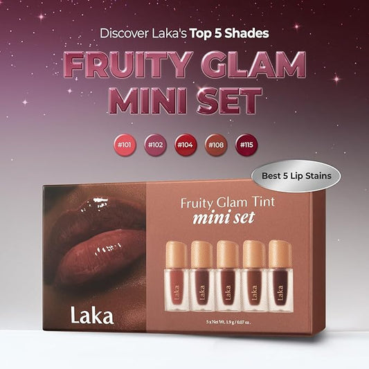 Laka Fruity Glam Tint Mini Set, 5pc Lip Tint Gift Set for Women, Hydrating & Glowy Finish, Lightweight & Transfer-proof Stain, Perfect Holiday Stocking Stuffers, K-Beauty