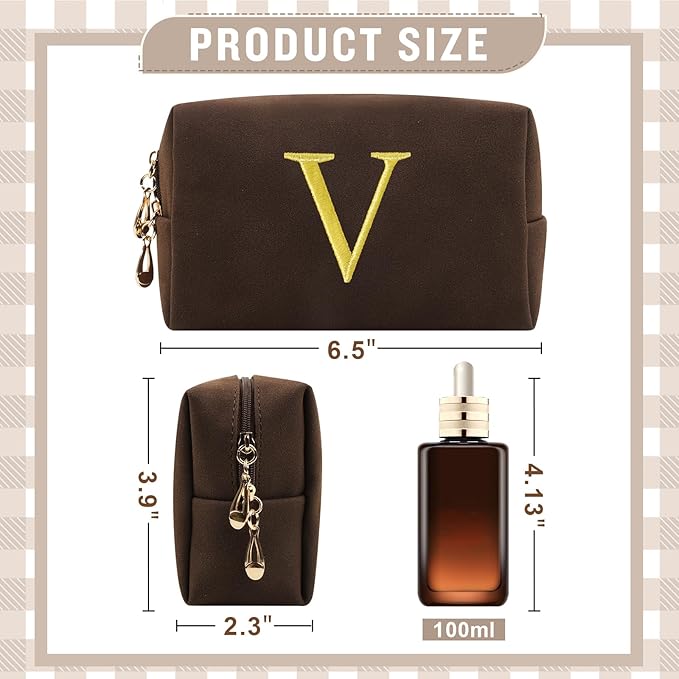 Personalized Initial Makeup Bag,Preppy Suede Cosmetic Bag for Teen Girls,Small Monogram Travel Toiletry Bag With Gold Embroidered Letter,Trendy Stuff Custom Christmas Gift for Women(Coffee-V)