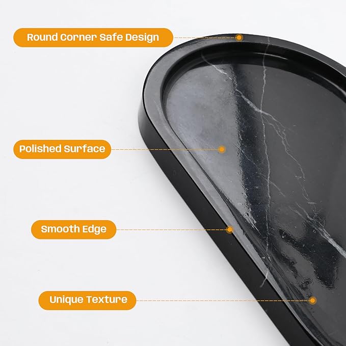 Adolif 2Pcs Black Marble Vanity Tray, Oval Marble Tray for Bathroom Storage Home Decor, 12 x 6 Inch