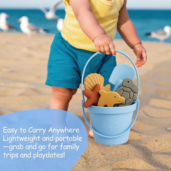 Baby Beach Toys for Toddlers 1-3, Collapsible Silicone Beach Bucket Shovel Set with 6 Sand Molds, Toddler Sand Toys for Kids, Boys, Girls, Travel (Blue)